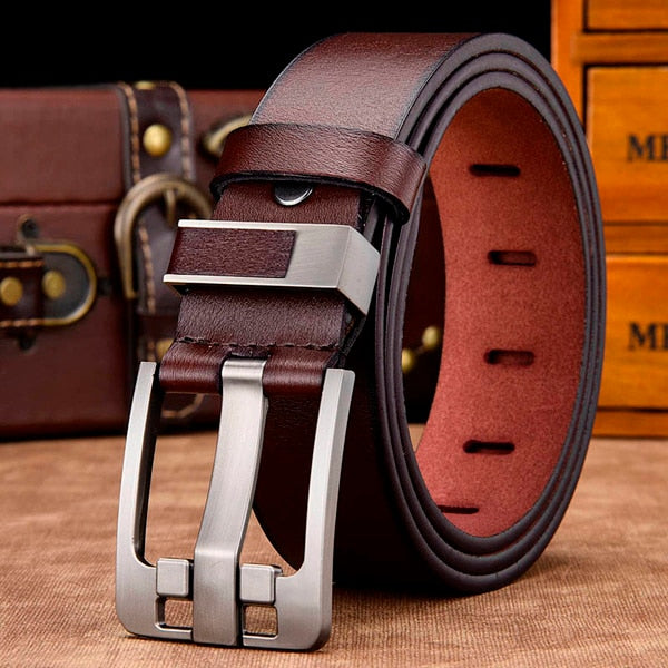 Leather belt with strap luxury pin buckle